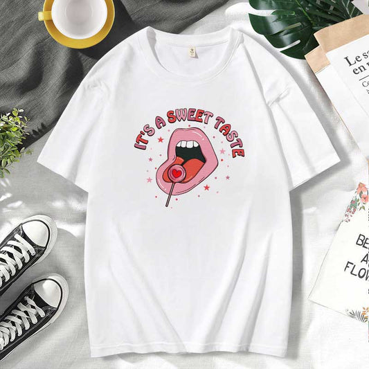 Camiseta informal de algodón con estampado de labios para mujer, talla grande, manga corta