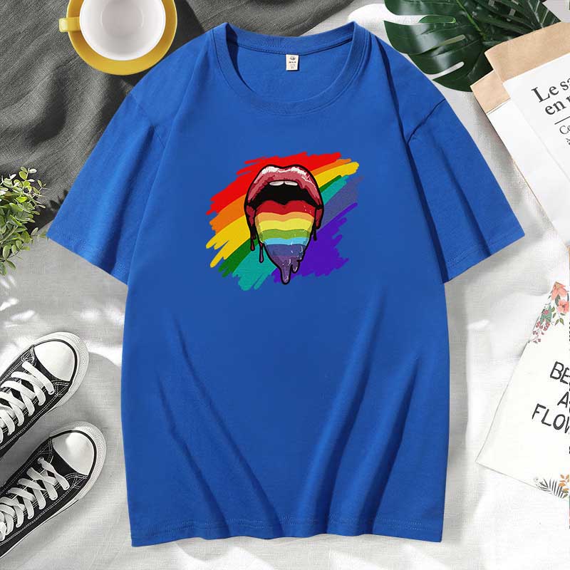 Women Casual Lips Print Cotton Plus Size Short Sleeve T-Shirt