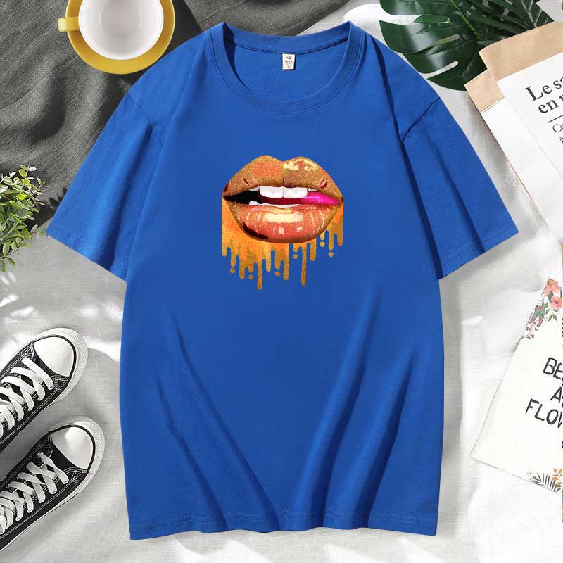 Camiseta informal de algodón con estampado de labios para mujer, talla grande, manga corta