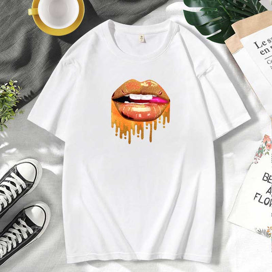 Camiseta informal de algodón con estampado de labios para mujer, talla grande, manga corta