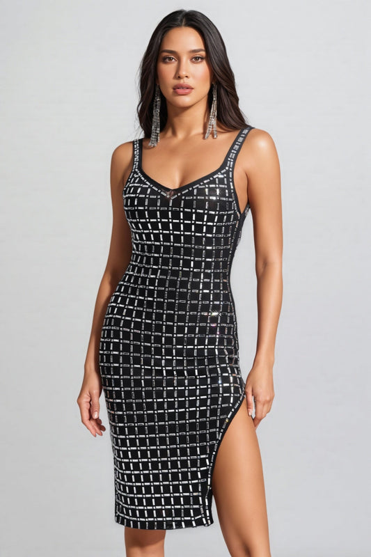 Navinv V-Neck Halter Diamond Midi Dress