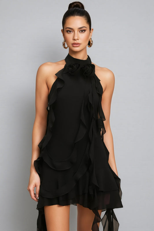 Sabrina Halter Sleeveless Flounce Flowers Mini Dress