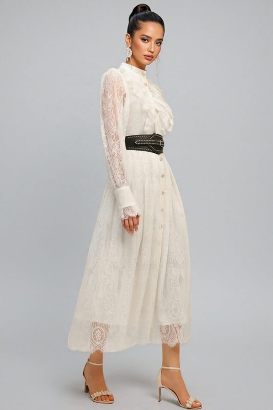 Starsha Long Sleeves Folds Lace Midi Dress