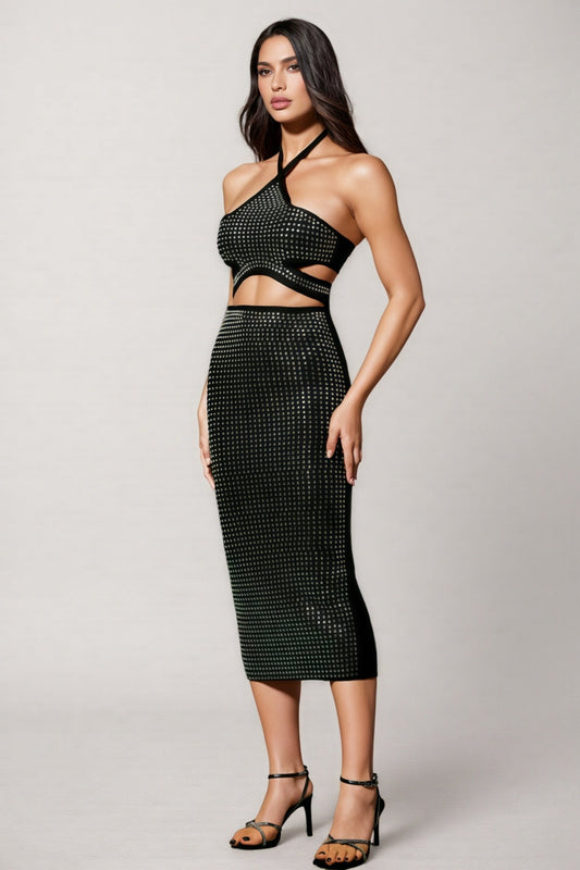 Joraty Diamond Hollow Out Bandage Midi Dress