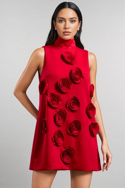 Tamarah Sleeveless High Collar Flowers Mini Dress