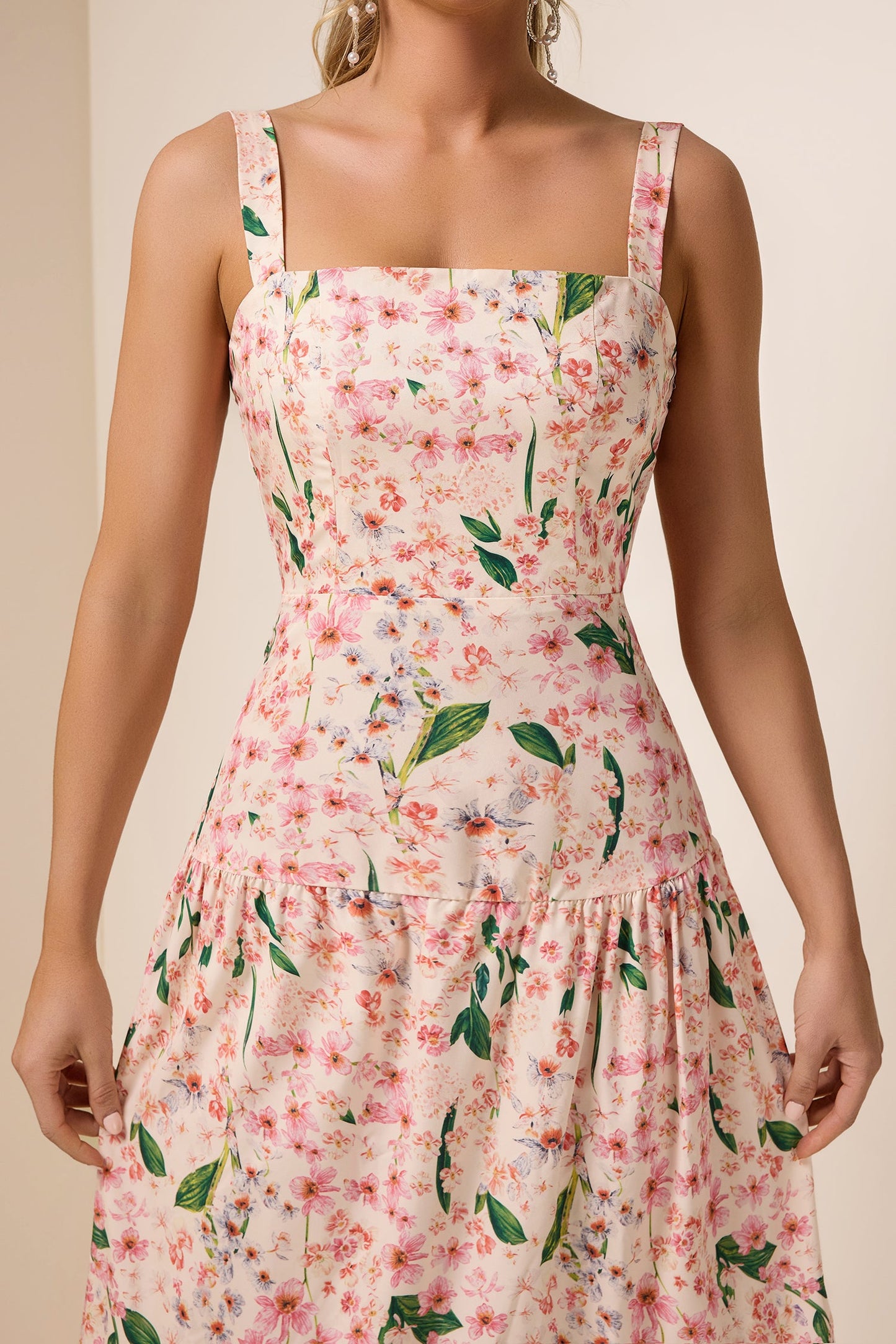 Floral Square Collar Sleeveless Maxi Dress