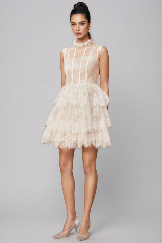 Yamaly White Floral Lace Tiered Mini Dress
