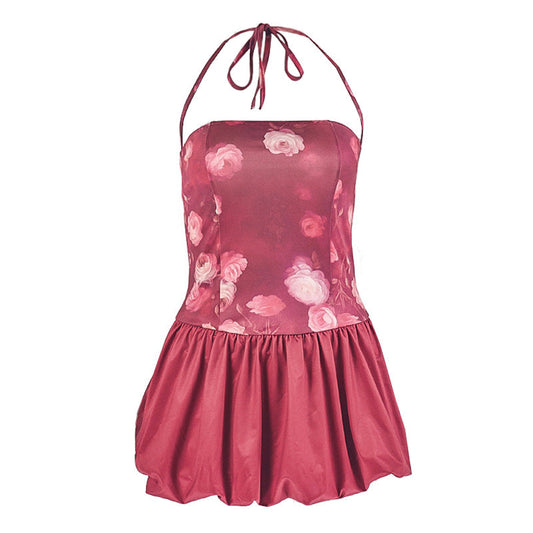Halter flower print self tie ruched mini dress | Festival Outfits Women