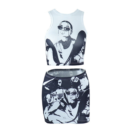 Sleeveless abstract print crewneck mini skirt set | Festival Outfits Women