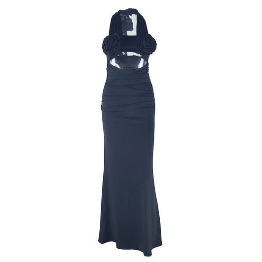 Halter flower applique hollow out cut out maxi dress | Festival Outfits Women