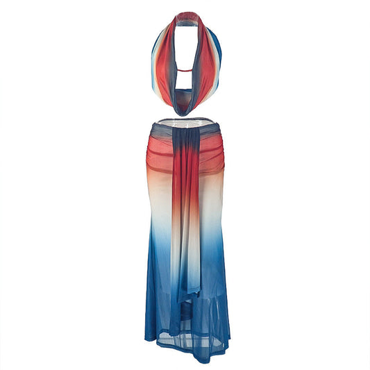 Cowl neck halter gradient backless maxi skirt set | Festival Outfits Women
