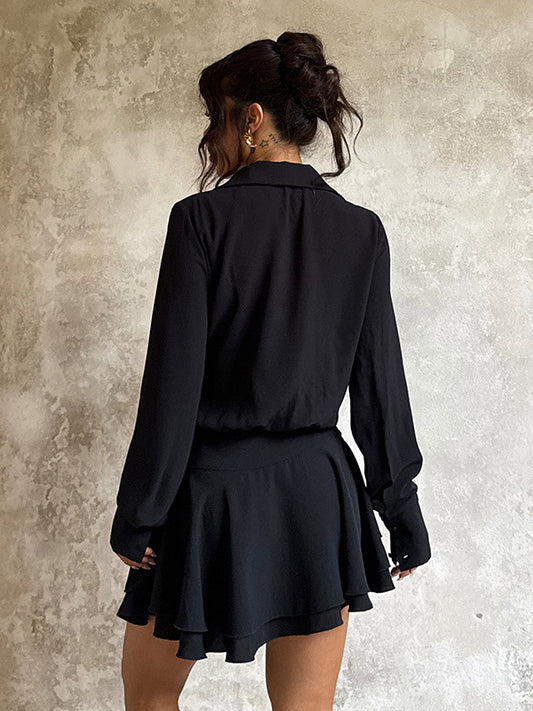 Tie Front Cutout Shirt Dress For Women - Black Long Sleeve Ruffle Hem Mini Dress - Spring Streetwear 2026