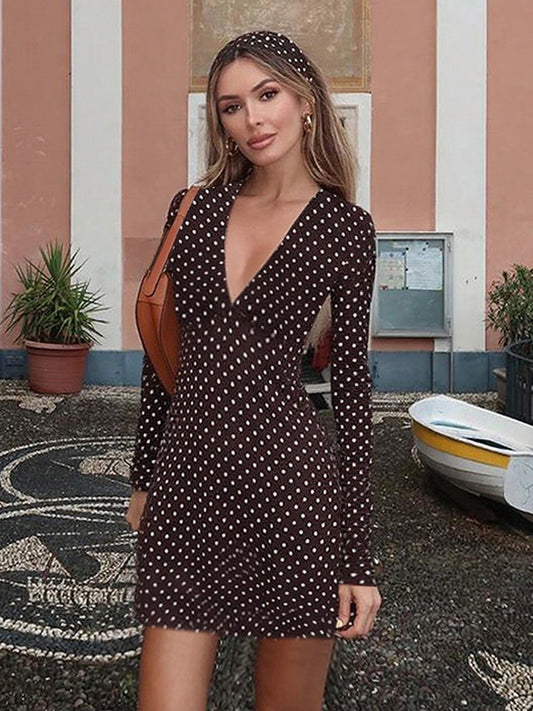 Polka Dot Women's Mini Dress - Chocolate Brown Vintage V Neck Long Sleeve Bodycon - Spring Vacation Party 2026