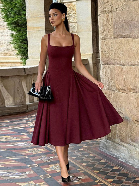 Square Neck Midi Dress For Women - Retro A-Line Pleated Dress - Spring Cocktail Party 2026