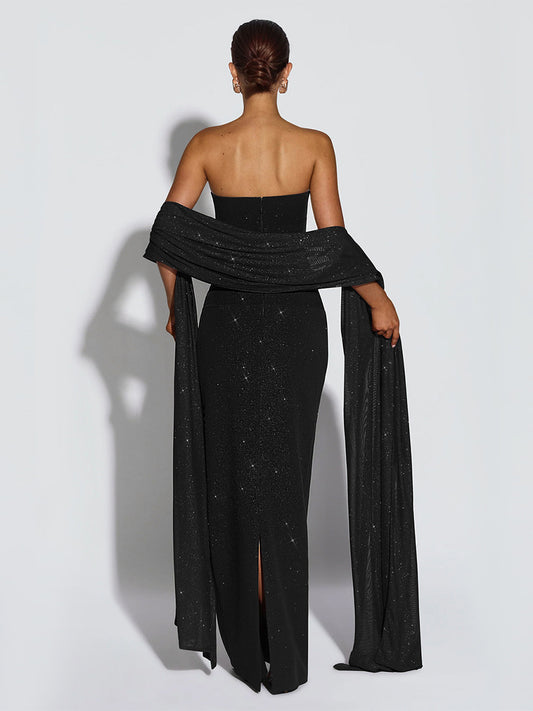 Glitter Tube Maxi Dress For Women - Sexy Backless Long Bodycon Gown With Scarf - Summer Evening Formal 2026
