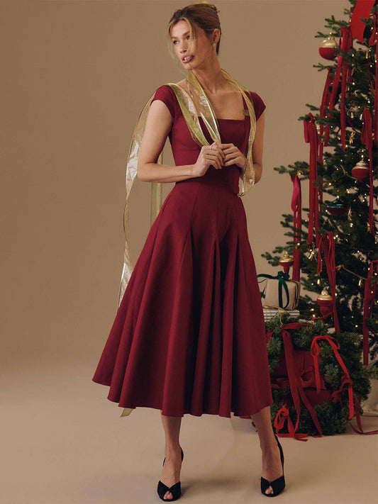 Elegant Square Neck A-Line Midi Dress For Women - Vintage Sleeveless Fit And Flare SunDress - Summer Wedding Guest Cocktail 2026