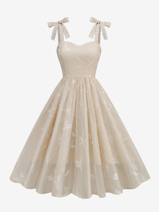 Floral Embroidery 1950s Vintage Midi Dress For Women - Cottagecore Tie Shoulder A-Line Sundress - Summer Wedding Guest 2026