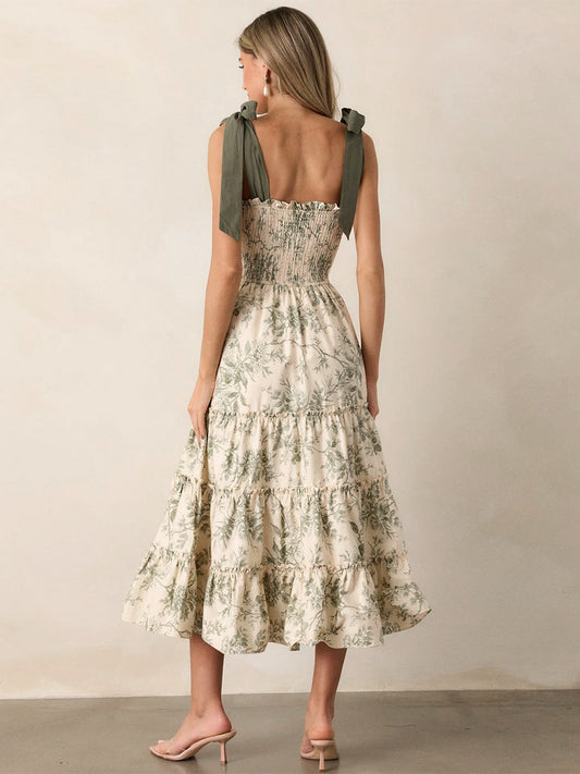 Floral Smocked Midi Dress For Women - Sage Green Boho Tie Shoulder Tiered Ruffle A-Line Sun Dress - Summer Beach Vacation 2026