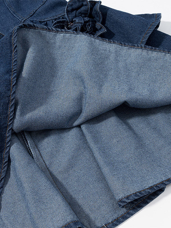 Navy Blue Sleeveless Denim Mini Dress With Ruffle Hem For Women
