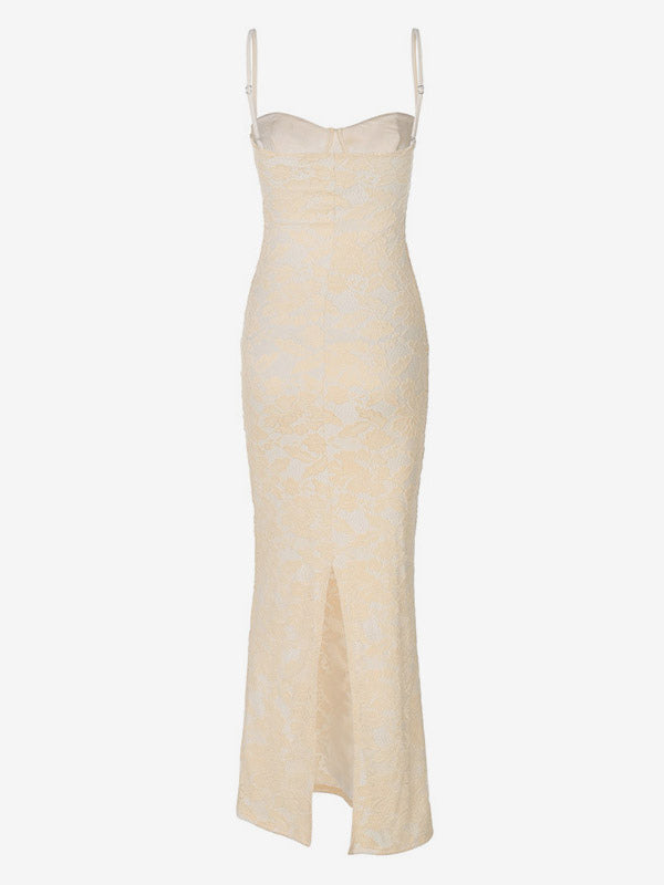 Party Maxi Dresses White Straps Neck Lace Sleeveless Backless Chic Semi Formal Dress
