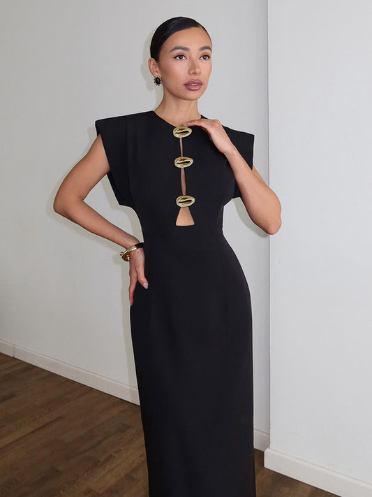 Party Dress Maxi Black Jewel Neck Buttons Sleeveless Elegant Semi Formal Dress