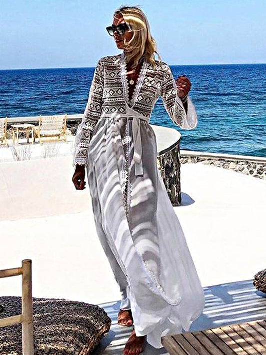 Cover Ups Ruffled Lace Cut Out Long Sleeves Athletic White Summer Beach Swimwear