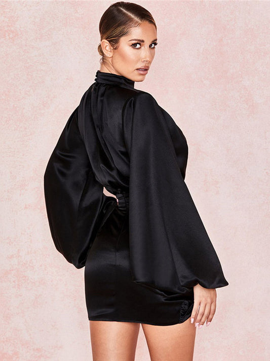 Party DressMini Black Stand Collar Long Sleeves Lantern Sleeve Elegant Semi Formal Dress