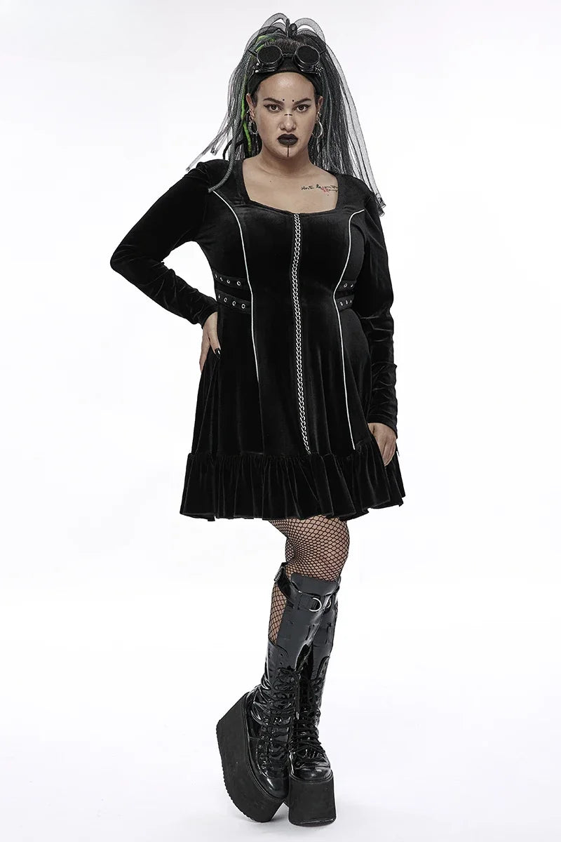 Gothic 3D Chains Long Sleeve Velvet Drawstring Dress