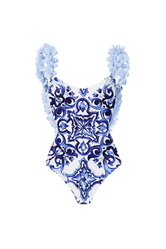 Bikini de una pieza azul con apliques hechos a mano