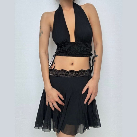 Halter self tie lace v neck backless top | Festival Outfits Women