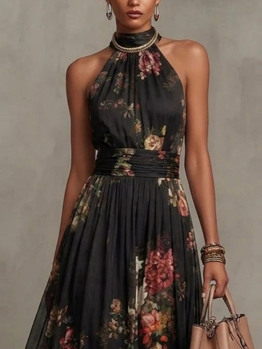 Halter Printed Elegant Temperament Stand Collar Vacation Maxi Dresses