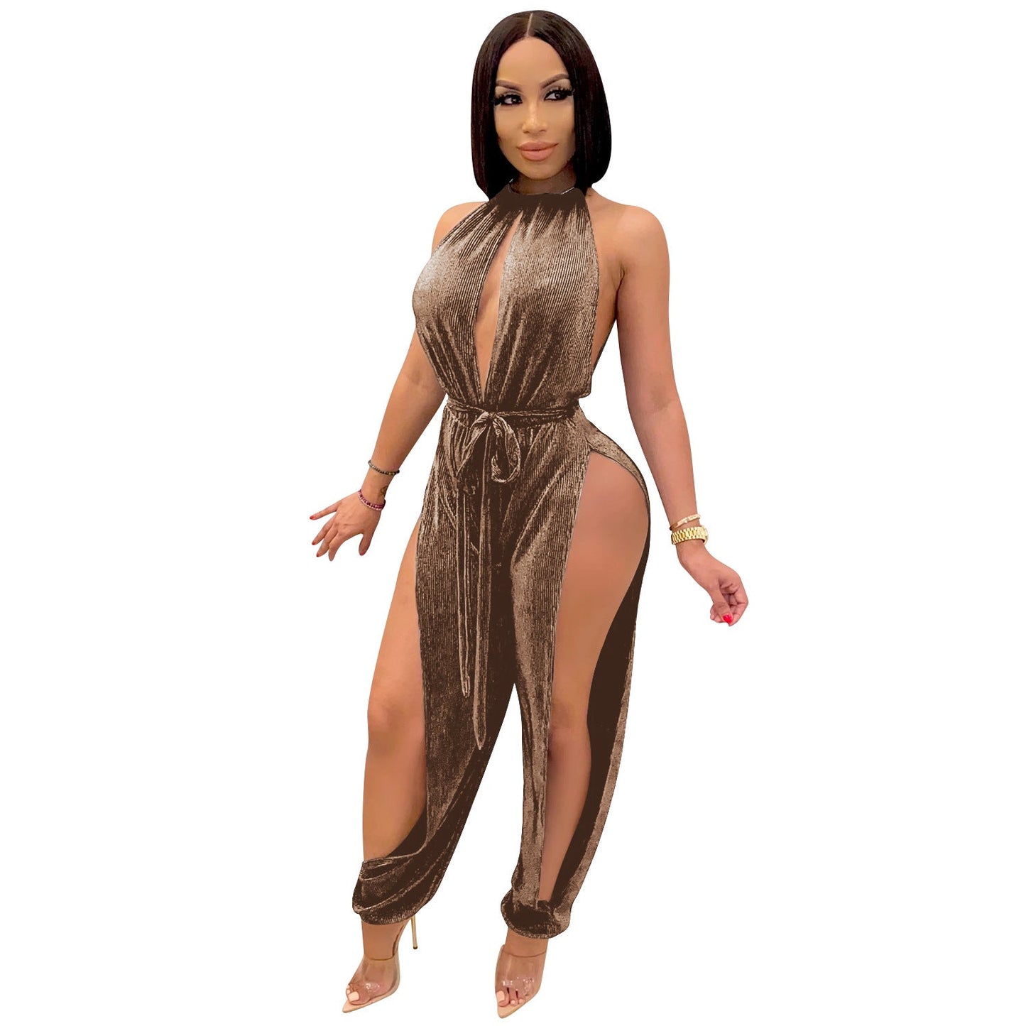 Sexy Lace Up Stretch Split Women Jumpsuit