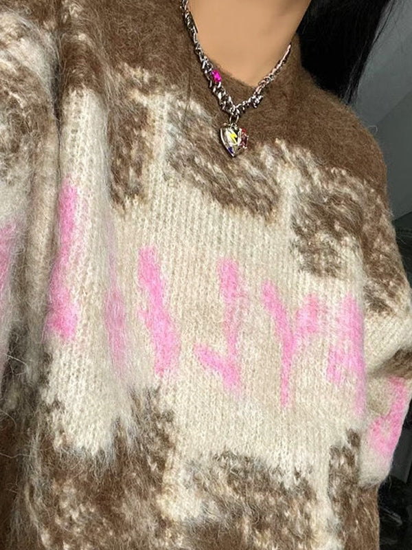Fuzzy Contrast Color Print Oversized Sweater