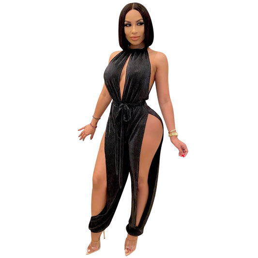 Sexy Lace Up Stretch Split Women Jumpsuit