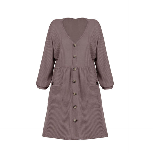 V-Neck Buttoned Loose Knit Hem Mini Dresses
