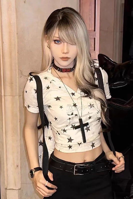 Punk Star Print Slim V-neck Hooded Crop Top