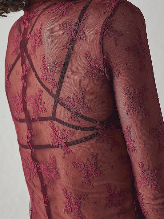 Solid See Through Lace Mock Neck Long Sleeve Tee