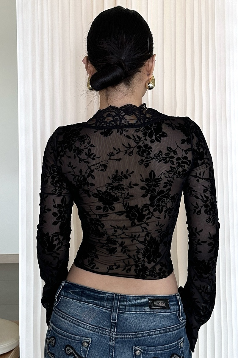Printed Mesh Ruffled Sheer Chic Sexy Crop Top