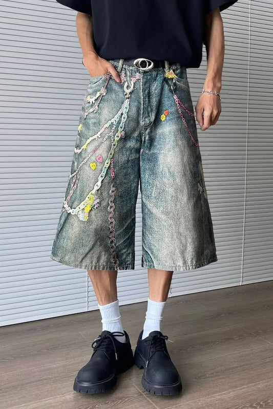 Retro Plus Size Chain Print Wide Leg Denim Shorts
