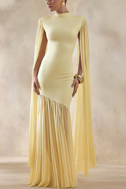 Elegant High-Neck Cape Detail Maxi Dress
