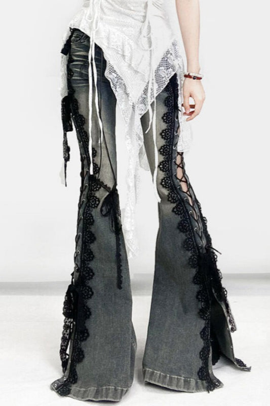 American Retro Lace Strap Slit Bell-bottom Jeans