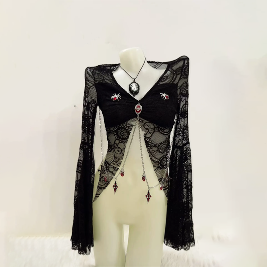 Long sleeve lace metal chain top | Festival Outfits Women