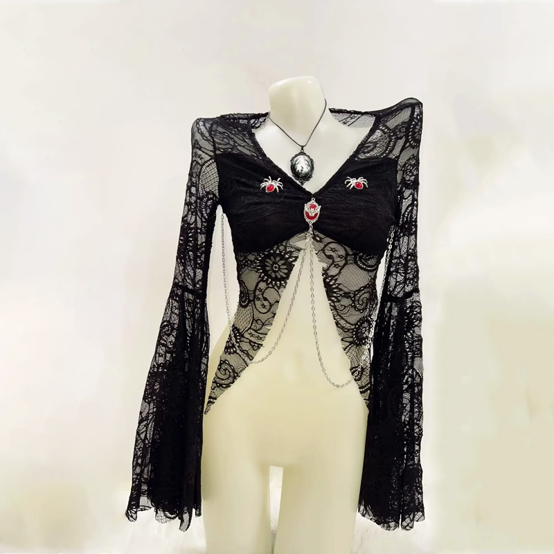 Long sleeve lace metal chain top | Festival Outfits Women