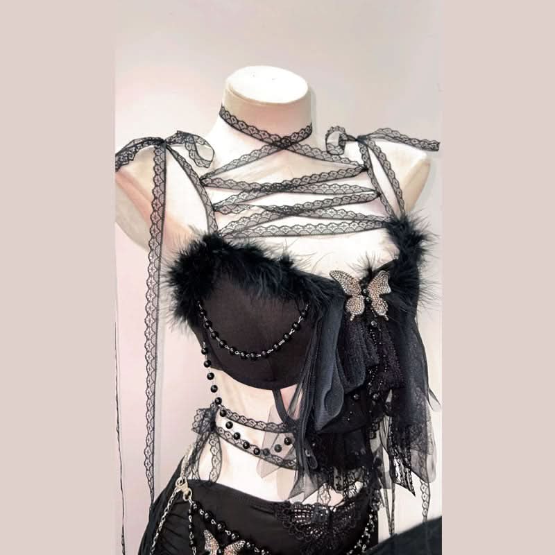 Feather butterfly applique ruched self tie mini skirt set | Festival Outfits Women
