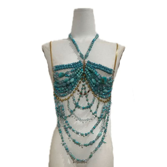 Halter beaded metal chain backless hollow out cut out top | Festival Outfits Women