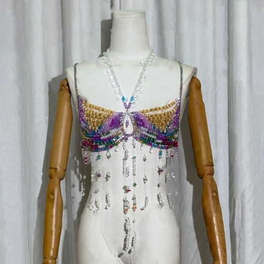 Halter beaded contrast hollow out cut out top | Festival Outfits Women