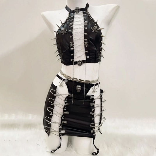 Metal chain zip-up skull applique hollow out mini skirt set | Festival Outfits Women