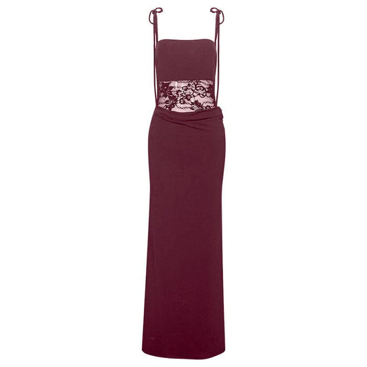 Lace square neck self tie solid cami maxi dress | Festival Outfits Women