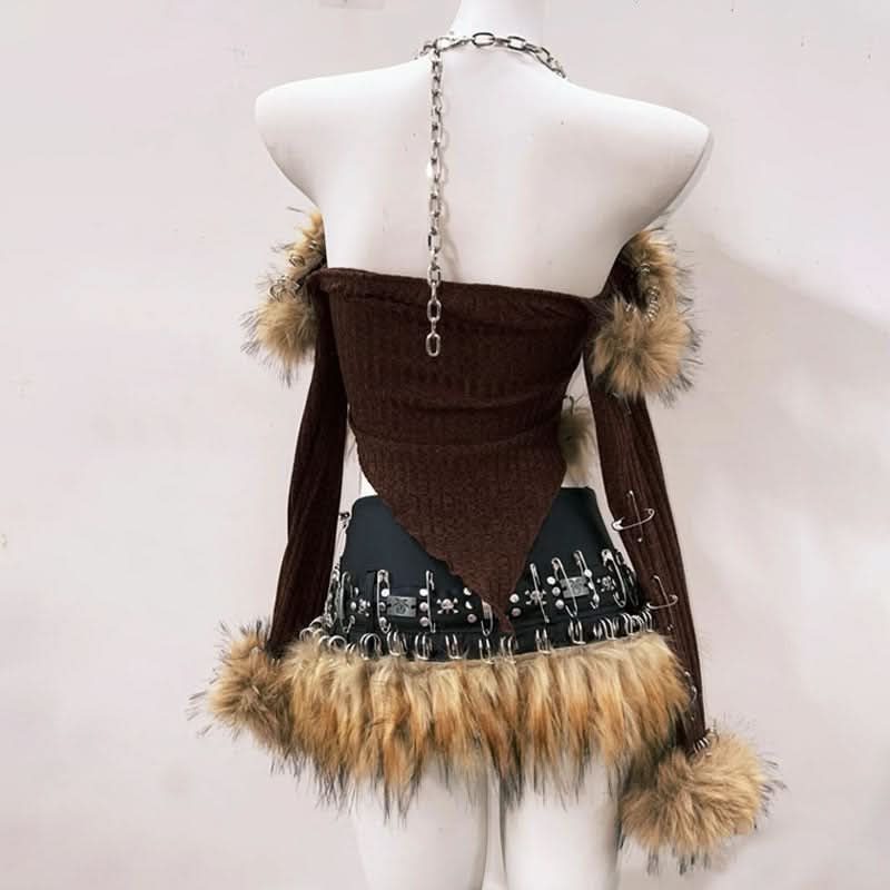 Long sleeve fluffy halter metal chain o ring top | Festival Outfits Women