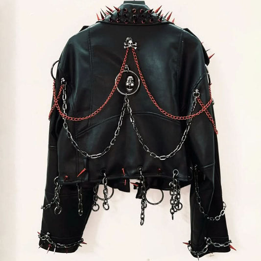 Long sleeve zip-up PU leather metal chain o ring top | Festival Outfits Women